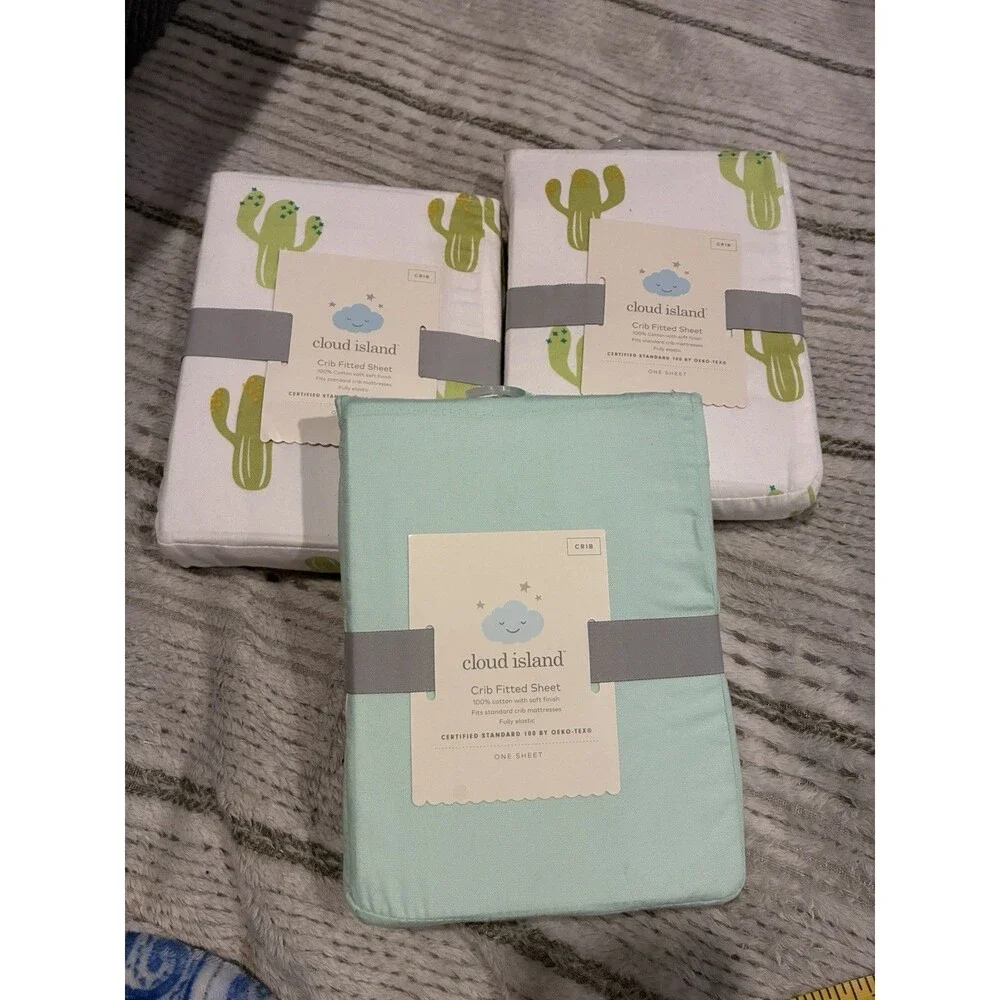 Fitted Crib Sheet Set Cloud Island 100% cotton w soft finish Green Cactus
